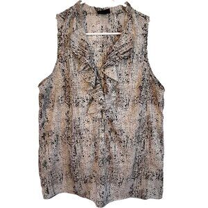 Woman's Sleeveless Blouse XL Button Pullover Ruffle V-Neck Gray Black